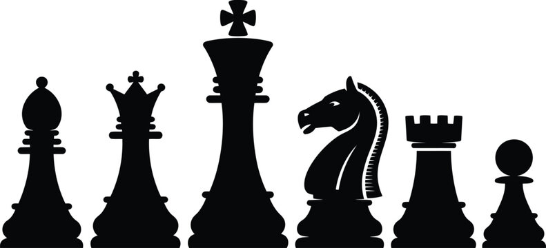 Black chess pieces lineup king queen rook knight pawn bishop