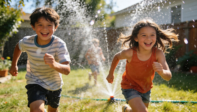 Running kids in striped tee, orange top with shorts, splashing through backyard sprinkler with hose