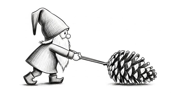 Whimsical gnome illustration pulling giant pinecone on stick.