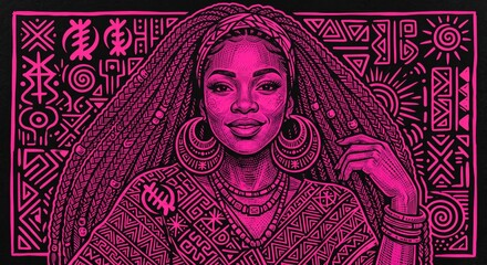 Fototapeta premium African woman with braids and tribal patterns in pink illustration