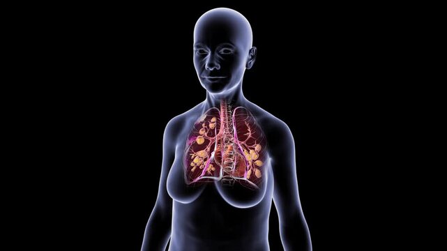 Cystic fibrosis in female silhouette, 3D animation showing thick mucus accumulation in bronchi and damaged lung tissue, transparent thorax rotating on black background.