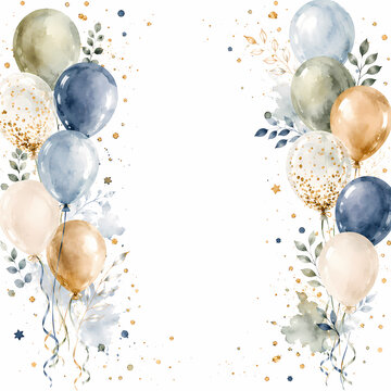 Watercolor balloons frame with blue and gold confetti
