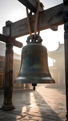 Fototapeta premium Large traditional bronze bell hanging in a temple courtyard, time of day with warm sunlight