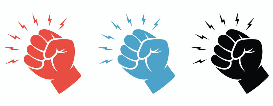 fist hitting outline, knocking fist icon set in red blue and black variations featuring human hand gesture, impact lines, communication symbol, and vector illustration.