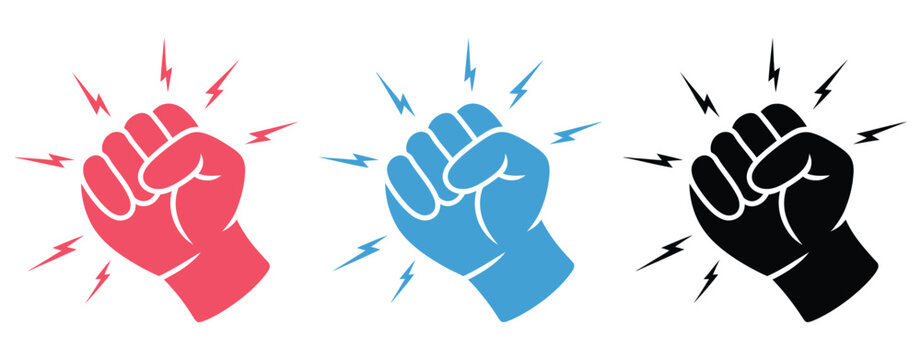 fist hitting outline, knocking fist icon set in red blue and black variations featuring human hand gesture, impact lines, communication symbol, and vector illustration.