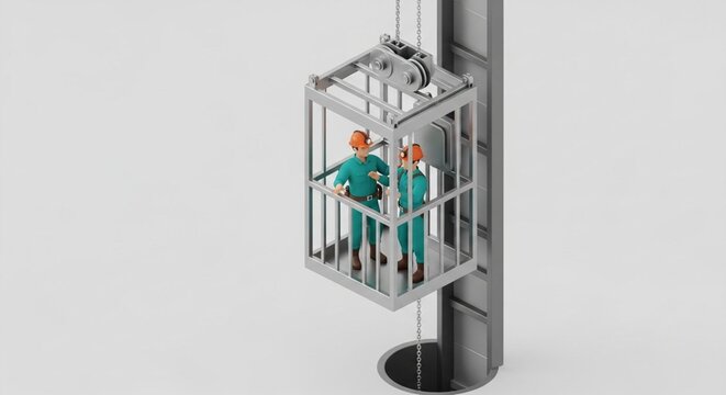 Industrial elevator platform with maintenance workers in protective gear.