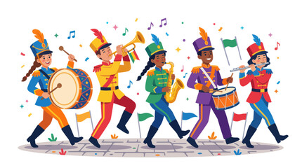 Diverse Marching Band Performing Outdoors with Colorful Uniforms and Instruments © heru