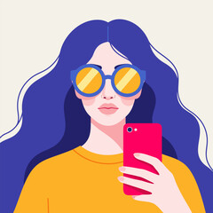 Stylish woman with vibrant blue hair and oversized sunglasses taking a selfie with her phone, digital vector illustration © DOLARRIZ JHON