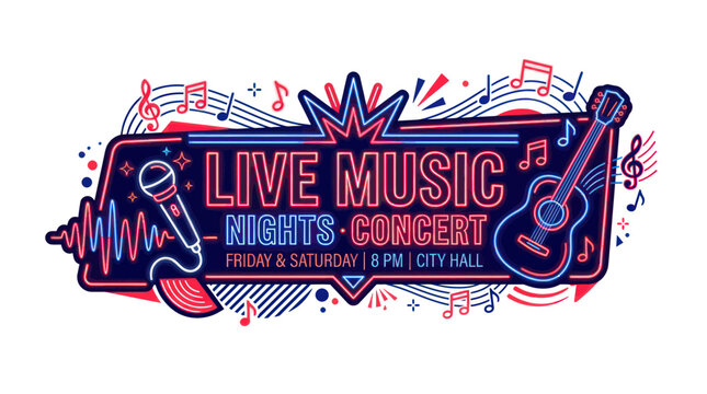 Live Music Nights Concert Neon Sign with Guitar and Microphone