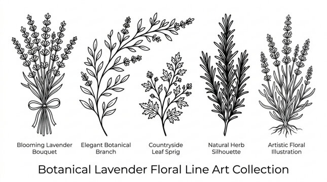 Botanical lavender floral line art collection featuring bouquets and natural herb silhouettes set