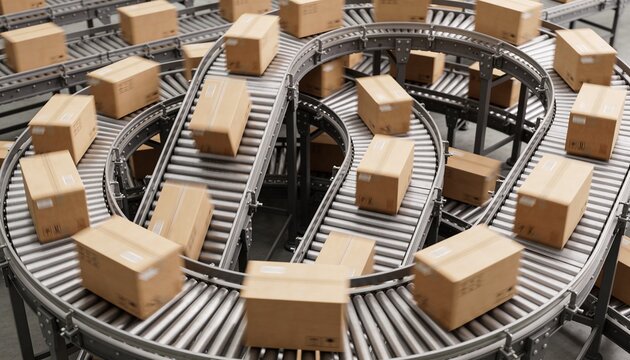 Moving brown corrugated boxes traveling on curved roller lanes in warehouse, showing barcode labels