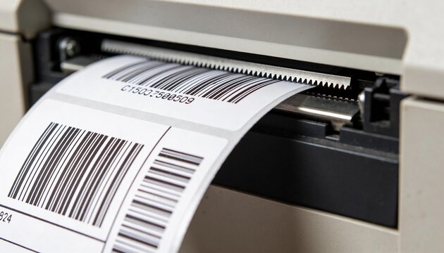 Printing white adhesive barcode label strip emerging from printer at workstation, showing cutter
