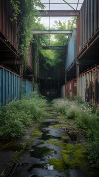 Overgrown Abandoned Railroad Yard with Container Trailers and Verdant Flora