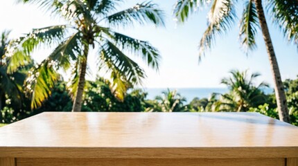 Fototapeta premium Wooden Table Top with Tropical Palm Trees and Ocean View for Product Display
