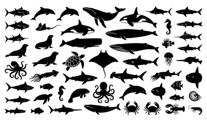 Ocean animal silhouette vector assortment featuring marine creatures isolated on white background © abdul