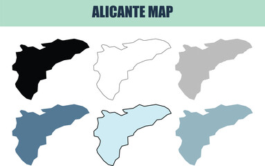 Fototapeta premium Alicante map variations in silhouette and outline styles for geographic representation and travel planning