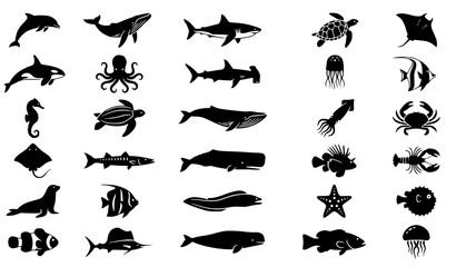 Marine wildlife silhouette collection with ocean animals vector graphics isolated on white background © abdul