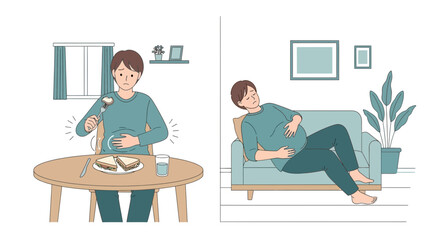 Fototapeta premium Man with Stomach Ache After Eating, Feeling Bloated and Uncomfortable