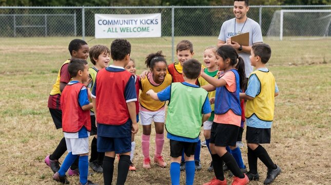 Community Soccer Event, Kids, Local Field, Action Photo, Outdoor, Ground Level, Team Spirit and Fun