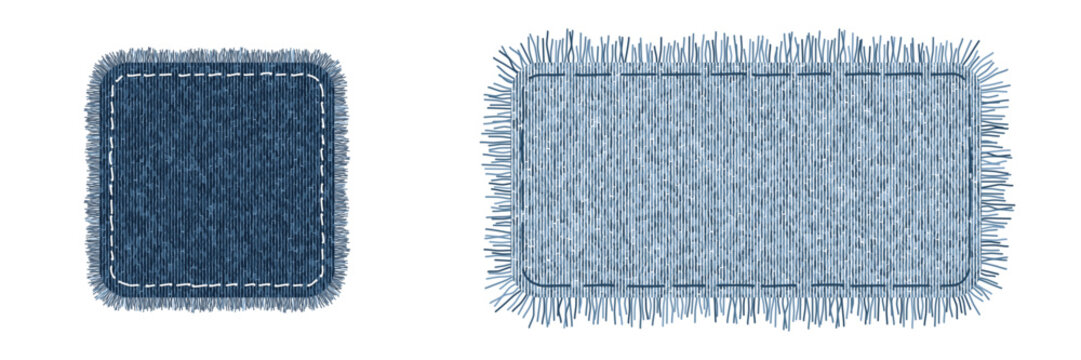 Square and rectangular denim patch with with handmade stitches. Apparel appliqu&eacute; with torn edges and fabric texture and irregular seam. Vector illustration isolated on white. 