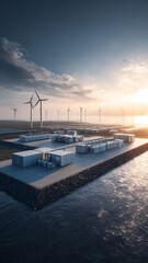 Fototapeta premium Sunrise view of a coastal wind farm with an integrated battery energy storage system, symbolizing sustainable power generation and a clean energy future