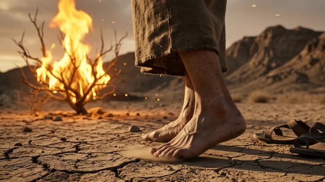 Biblical close up scene showing prophet moses standing barefoot over cracked dry earth near the miraculous burning bush leaving leather sandals aside during profound holy divine spiritual religious 