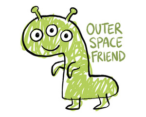 Obraz premium Outer space friend. Cute alien monster doodle for t shirt print, poster, sticker, background. Space adventure graphic print. Hand drawn character.