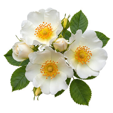 Delicate white wild roses with soft petals and vibrant yellow centers surrounded by orange stamens, flower cut out