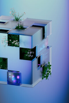 3D vertical garden cube with flowers and data display