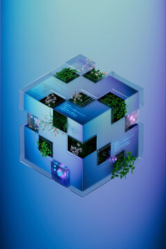 3D smart garden cube with foliage and code interface