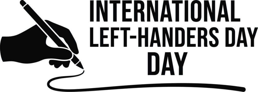 A bold black silhouette of a hand holding a writing pencil creates a line drawing graphic for the annual celebration of international left handers day