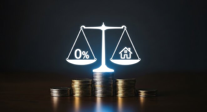 Digital justice scale with zero percent interest concept on dark reflective surface
