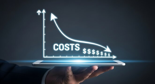 Hand Holding Digital Cost Reduction Hologram with Upward Growth Arrow in Dark Office Setting