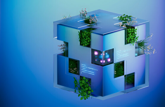 3D biophilic tech cube with plant filled data windows