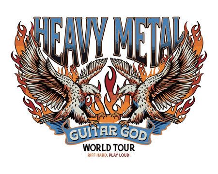 Heavy metal rock. Guitar god world tour print design for t shirt poster sticker background. Legend riff. Music graphic print.