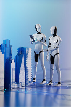 3D robot consultant using tablet beside city model