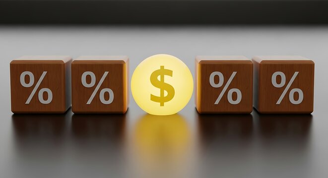 Glowing Dollar Sign Surrounded by Percentage Symbols on Wooden Blocks in Minimalist Setting