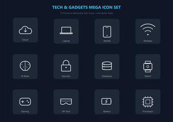 Fototapeta premium Tech and gadgets mega icon set. 12 premium minimalist tech icons line vector style.