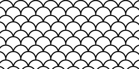 Fish scale wallpaper. Asian traditional ornament with repeated scallops. Repeated black curves on white background. Seamless surface pattern design with semicircles. Grid motif. Digital paper. Vector. © Rizki