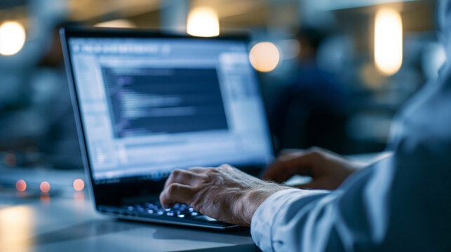 Faceless male engineer using CAD programming software on laptop, computer-aided design, software operation, technical work, design activity, with copy space