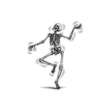 Vintage dancing skeleton vector illustration, retro hand drawn human anatomy character, spooky Halloween skull and bones graphic on white background.