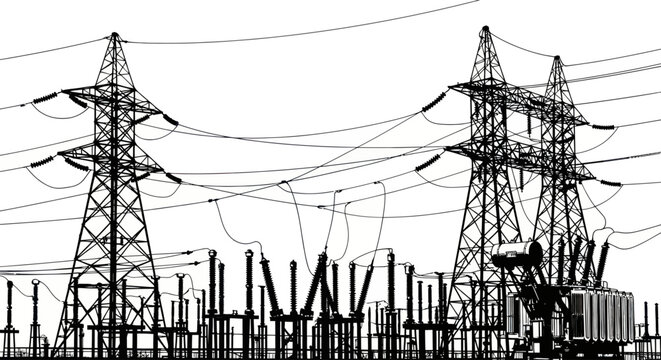 High Voltage Power Lines and Substation Silhouette Vector Illustration