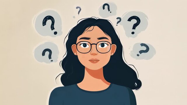 Slow motion animation of a young woman with glasses and long dark hair, her face surrounded by question marks inside speech bubbles, expressing curiosity and thought process