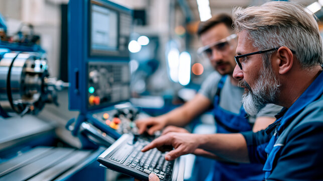 Faceless engineer training male apprentice to use CNC machine in factory, skill instruction, machine training, apprenticeship education, technical guidance, with copy space