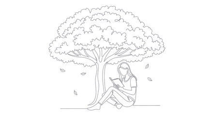 Woman Reading Under Tree Outline Vector © widodo