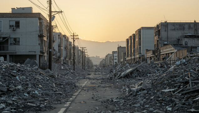 夜明けの被災地で壊れた住宅街と瓦礫が静かに残る風景
