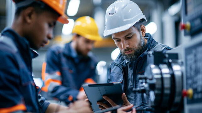 Faceless factory technicians troubleshooting CNC machine malfunction with diagnostic tools, problem-solving activity, technical repair, equipment maintenance, with copy space