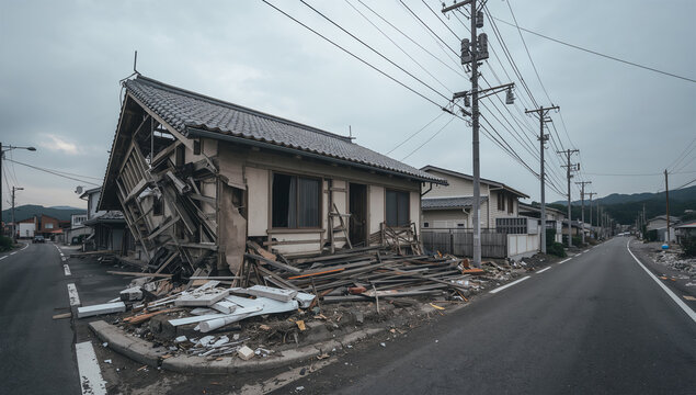 曇り空の住宅街で地震により傾いた木造家屋が残る被害風景
