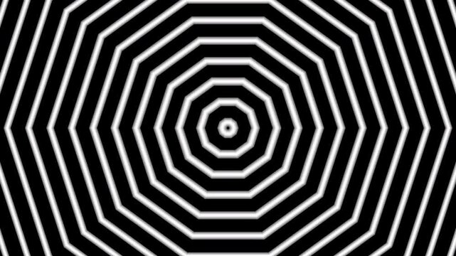 Concentric black and white octagonal lines create a hypnotic optical illusion geometric pattern suitable for design projects and backgrounds.