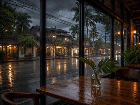 Tropical cafe interior during approaching storm with rain covered window